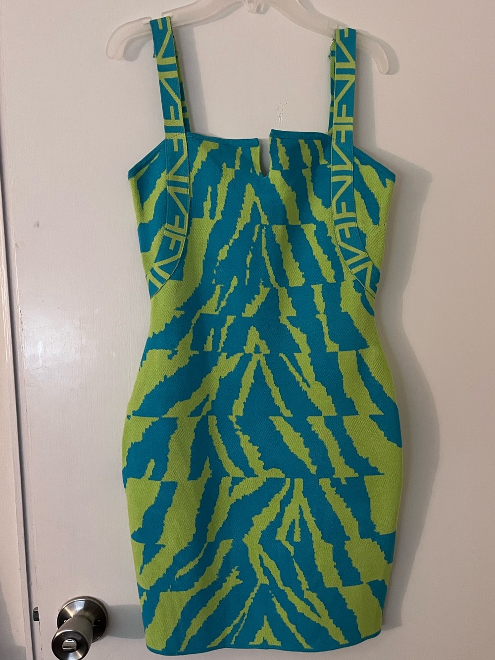 Fashion Nova Lime Green & Teal Patterned Bodycon Mini Dress